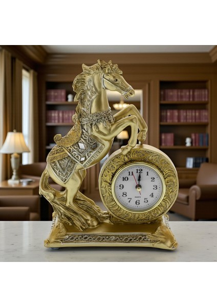 Lüks Işlemeli Saatli At Heykeli Dekoratif Masaüstü Biblo Ev & Ofis Hediyesi 16 Cm. Yeni Yıl Hediyesi