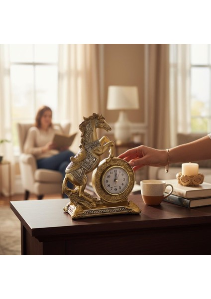 Lüks Işlemeli Saatli At Heykeli Dekoratif Masaüstü Biblo Ev & Ofis Hediyesi 16 Cm. Yeni Yıl Hediyesi fiyatları