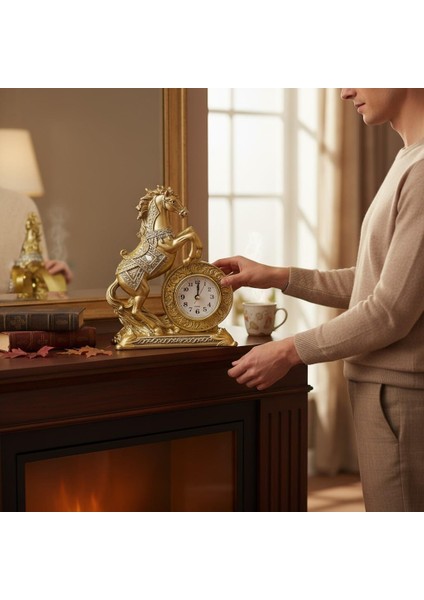 Lüks Işlemeli Saatli At Heykeli Dekoratif Masaüstü Biblo Ev & Ofis Hediyesi 16 Cm. Yeni Yıl Hediyesi modelleri
