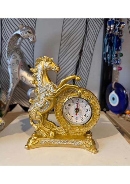 Lüks Işlemeli Saatli At Heykeli Dekoratif Masaüstü Biblo Ev & Ofis Hediyesi 16 Cm. Yeni Yıl Hediyesi fırsatları