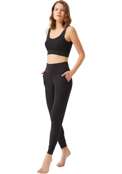 Siyah Yüksek Bel Kadın Çift Cepli Jogger Eşofman Altı