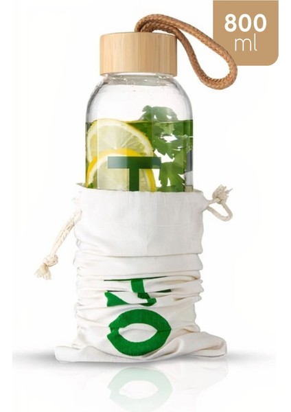 H2O Borosilikat Cam Matara Bambu Vakum Kapaklı Su Şişesi Suluk 800 ml Detox Su Matarası