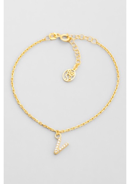 V Harfi 18 Ayar Sarı Altın Kaplama 18 cm Gümüş Bileklik