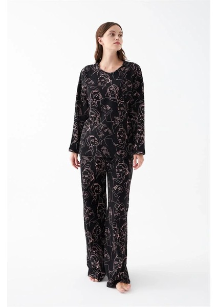 Kadın Oversize Siyah Line Art Desenli Pamuklu Kalın Pijama Takımı