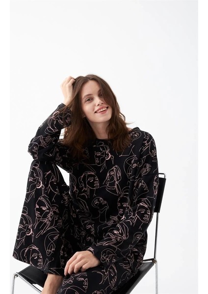 Kadın Oversize Siyah Line Art Desenli Pamuklu Kalın Pijama Takımı fiyatları