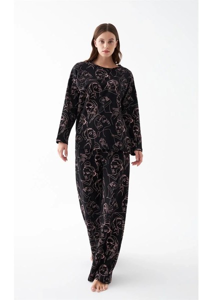 Kadın Oversize Siyah Line Art Desenli Pamuklu Kalın Pijama Takımı fırsatları