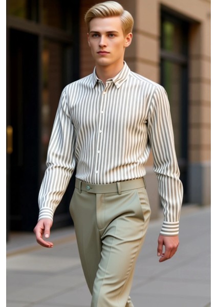 Erkek Regular Fit Çizgili Pamuklu Uzun Kollu Gömlek Modern ve Konforlu Bir Stil Sunuyor Şık indirimleri