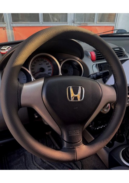 Dikişli Direksiyon Kılıfı Siyah Deri Siyah Dikişli Honda Jazz - City Için