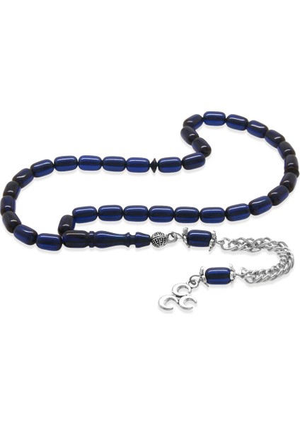 Sıkma Kehribar Tesbih - Kararmaz Metal Püsküllü - Mini Boy - Mavi Siyah - Kapsül Kesim