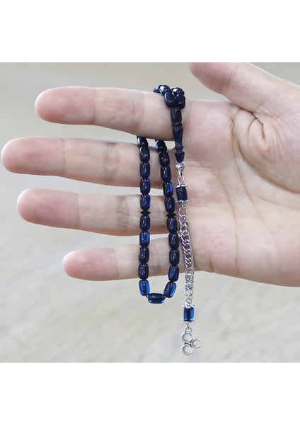 Sıkma Kehribar Tesbih - Kararmaz Metal Püsküllü - Mini Boy - Mavi Siyah - Kapsül Kesim fırsatları