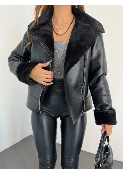 Kadın Fermuarlı Peluşlu Deri Ceket