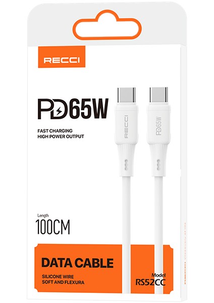 RS52CC Type-C To Type-C Pd Hızlı Şarj Özellikli Data ve Şarj Kablosu 65W 1m Beyaz