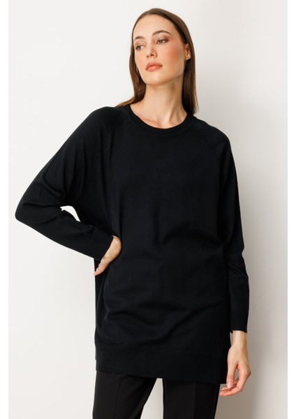 Kadın Arkası Düğmeli Sıfır Yaka Kazak 65413 Siyah