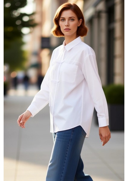 Kadın Relaxed Kesim Uzun Kollu Önden Bağlama Detaylı Düz Dokuma Gömlek Şık ve Konforlu Spor indirimleri