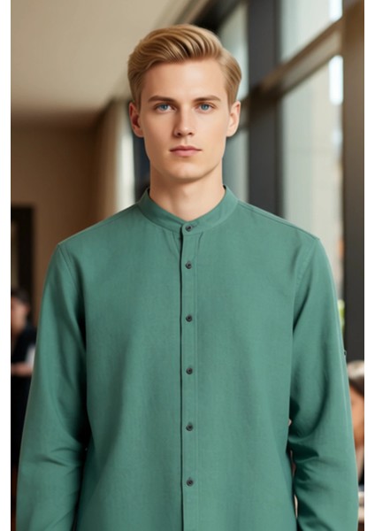 Erkek Düz Desen Hakim Yaka Slim Fit Pamuklu Keten Görünümlü Konforlu Uzun Kollu Gömlek Şık
