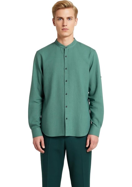 Erkek Düz Desen Hakim Yaka Slim Fit Pamuklu Keten Görünümlü Konforlu Uzun Kollu Gömlek Şık fiyatları