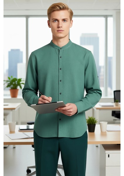 Erkek Düz Desen Hakim Yaka Slim Fit Pamuklu Keten Görünümlü Konforlu Uzun Kollu Gömlek Şık fırsatları