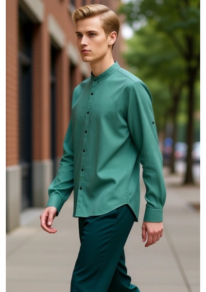 Erkek Düz Desen Hakim Yaka Slim Fit Pamuklu Keten Görünümlü Konforlu Uzun Kollu Gömlek Şık indirimleri