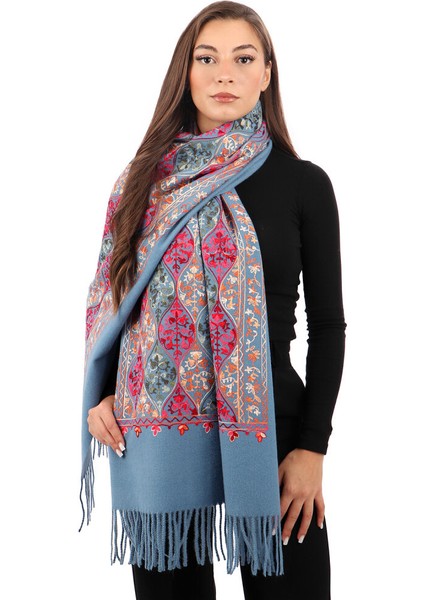 Indigo Nakışlı Kışlık Şal
