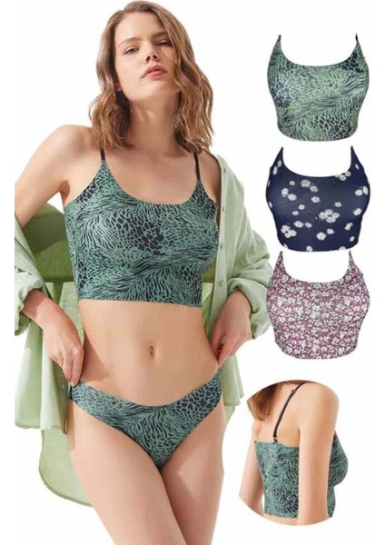 Ayarlanabilir Askılı Lazer Kesim Desenli Crop Büstiyer 3'lü Paket - 2