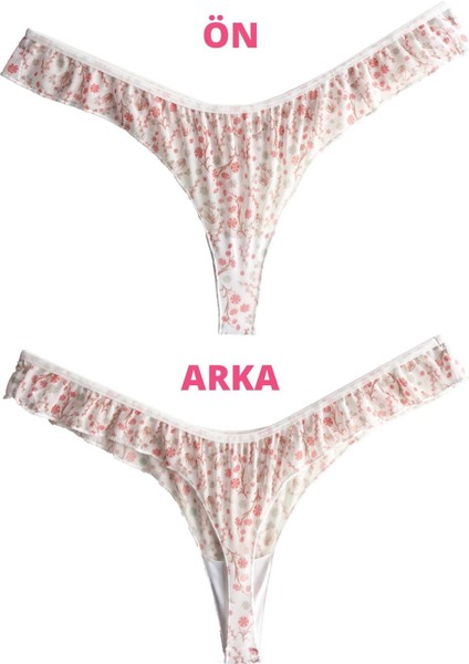 Krem Çiçek Desenli Tül Kenarları Fırfırlı Tanga Külot fiyatları