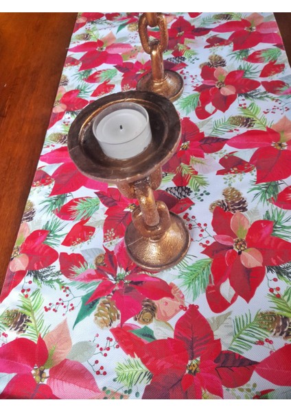 Yılbaşı Kozalaklı Çiçek Desenli Dijital Baskılı Runner