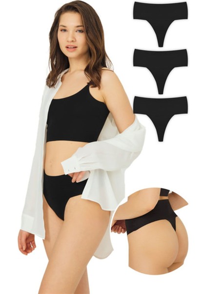 Lazer Kesim Esnek Iz Yapmayan Yüksek Bel Tanga 3'lü Paket Külot - 5