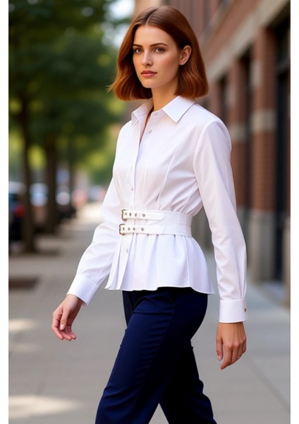 Kadın Kemer Detaylı Pileli Bele Oturan Uzun Kollu Gömlek Modern Şıklık Sunar Gün Boyu Konfor