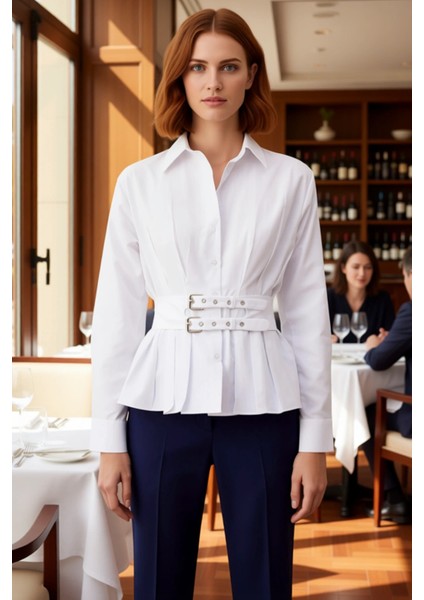 Kadın Kemer Detaylı Pileli Bele Oturan Uzun Kollu Gömlek Modern Şıklık Sunar Gün Boyu Konfor fiyatları