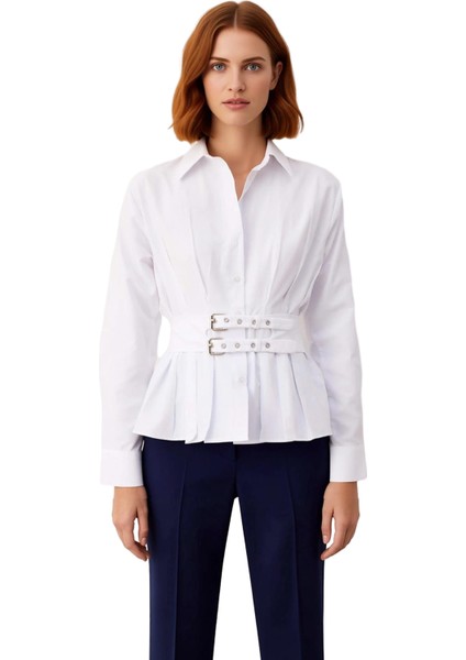 Kadın Kemer Detaylı Pileli Bele Oturan Uzun Kollu Gömlek Modern Şıklık Sunar Gün Boyu Konfor fırsatları