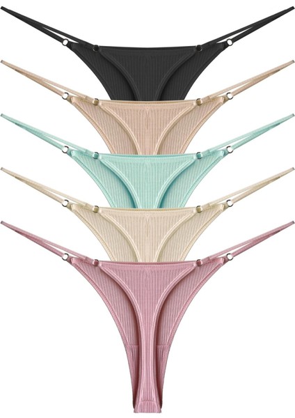 Pamuklu ve Likralı Ayarlanabilir Lastikli Kaşkorse Fitilli Kadın Tanga Külot 5'li Paket