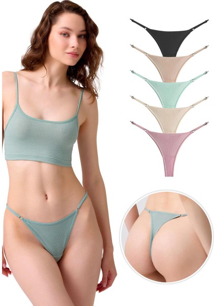 Pamuklu ve Likralı Ayarlanabilir Lastikli Kaşkorse Fitilli Kadın Tanga Külot 5'li Paket fiyatları