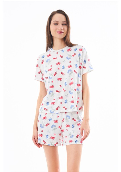 Premium Şortlu Kadın Pijama Takımı Meyve Desenli Yumuşak Dokulu Bisiklet Yaka Kısa Kollu