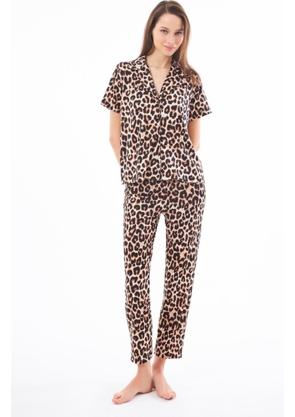 Premium Kadın Pijama Takımı Leopar Desenli Yumuşak Dokulu Kısa Kollu Gömlek Yaka