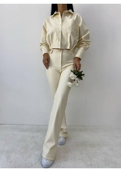 Kadın Krem Ispanyol Paça Deri Pantolon -10901