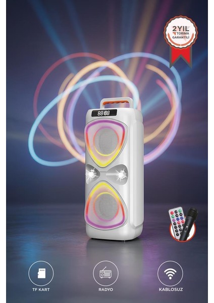 Torıma D78 Beyaz Kablosuz Bluetooth Hoparlör Mikrofonlu LED Işıklı 8W+8W Parti Speaker