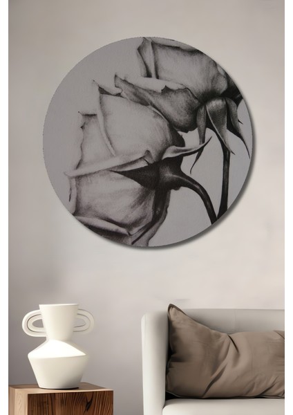 Kara Kalem Görünümlü Ahşap Dekoratif Tablo Zarif Gül Bahçesi Modern Sanat Yuvarlak Tablo
