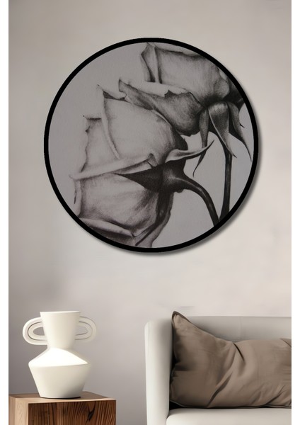 Kara Kalem Görünümlü Ahşap Dekoratif Tablo Zarif Gül Bahçesi Modern Sanat Yuvarlak Tablo fiyatları