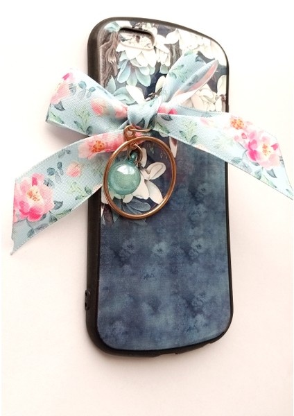 ESLIFETECH26AKSESUAR Apple Iphone 7/8 Uyumlu Çiçekli Baskılı Yüzüklü Kurdeleli Koruyucu Sert Kılıf-Mavi