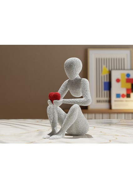 Minimalist Düşünen Figür - Kırmızı Kalpli 3D Baskı Dekoratif Heykel | Pla Malzeme