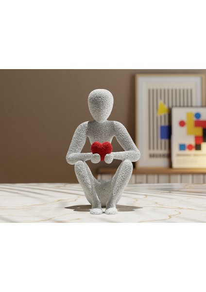 Minimalist Düşünen Figür - Kırmızı Kalpli 3D Baskı Dekoratif Heykel | Pla Malzeme indirimleri
