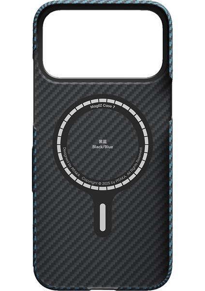 iPhone 17 Pro Kılıf M-Safeli Kamera Kontrol Butonlu Aramid Fiber Pitaka Ultra-Slim Kapak Siyah-Mavi modelleri