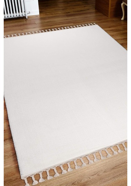 Cloudy Beyaz Saçaklı Peluş Yolluk Yumuşacık Yıkanabilir Kaymaz Taban Halı Salon Oturma Odası