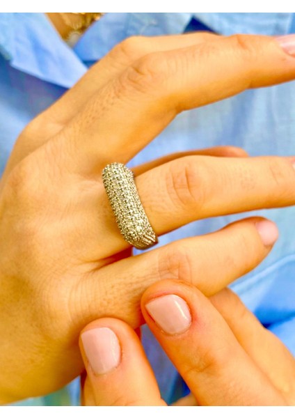 Pave Zirkon Taşlı Altın Renk Tasarım Ayarlanabilir Yüzük