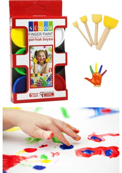 6X30 ml Parmak Boyası ve Popon Fırça Seti Südor (Kolay Yıkanabilir)