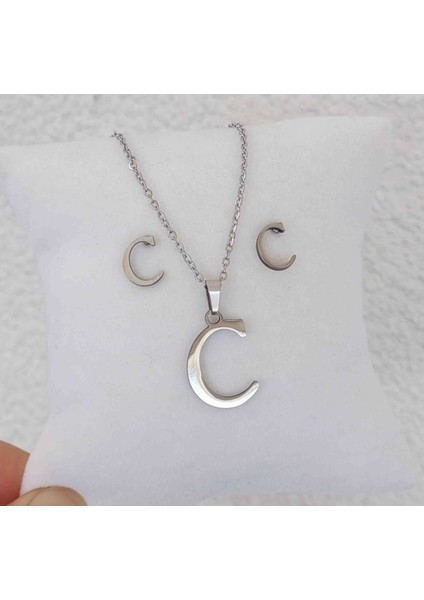 Çelik Silver C Harfi Kolye Küpe Seti