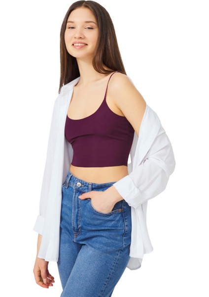 Lacivert Ayarlanabilir Ince Askılı Lazer Kesim Kadın Crop Büstiyer