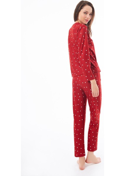 Premium Kadın Pijama Takımı Kırmızı Kalp Desenli Yumuşak Dokulu Bisiklet Yaka Uzun Kollu fiyatları