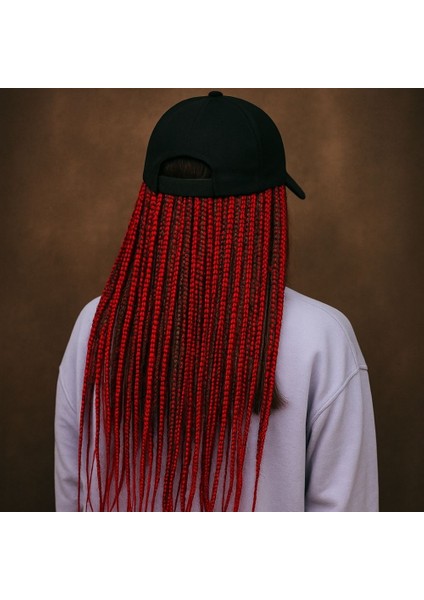 Kırmızı Örgülü Şapka-Kırmızı Rasta Saçlı Şapka-Rasta Saçlı Şapka-Pratik Takma Saç