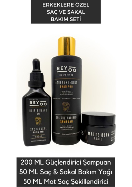 Erkek Saç ve Sakal Bakım Seti – Güçlendirici Şampuan + Mat Şekillendirici + Argan Özlü Sakal Yağı